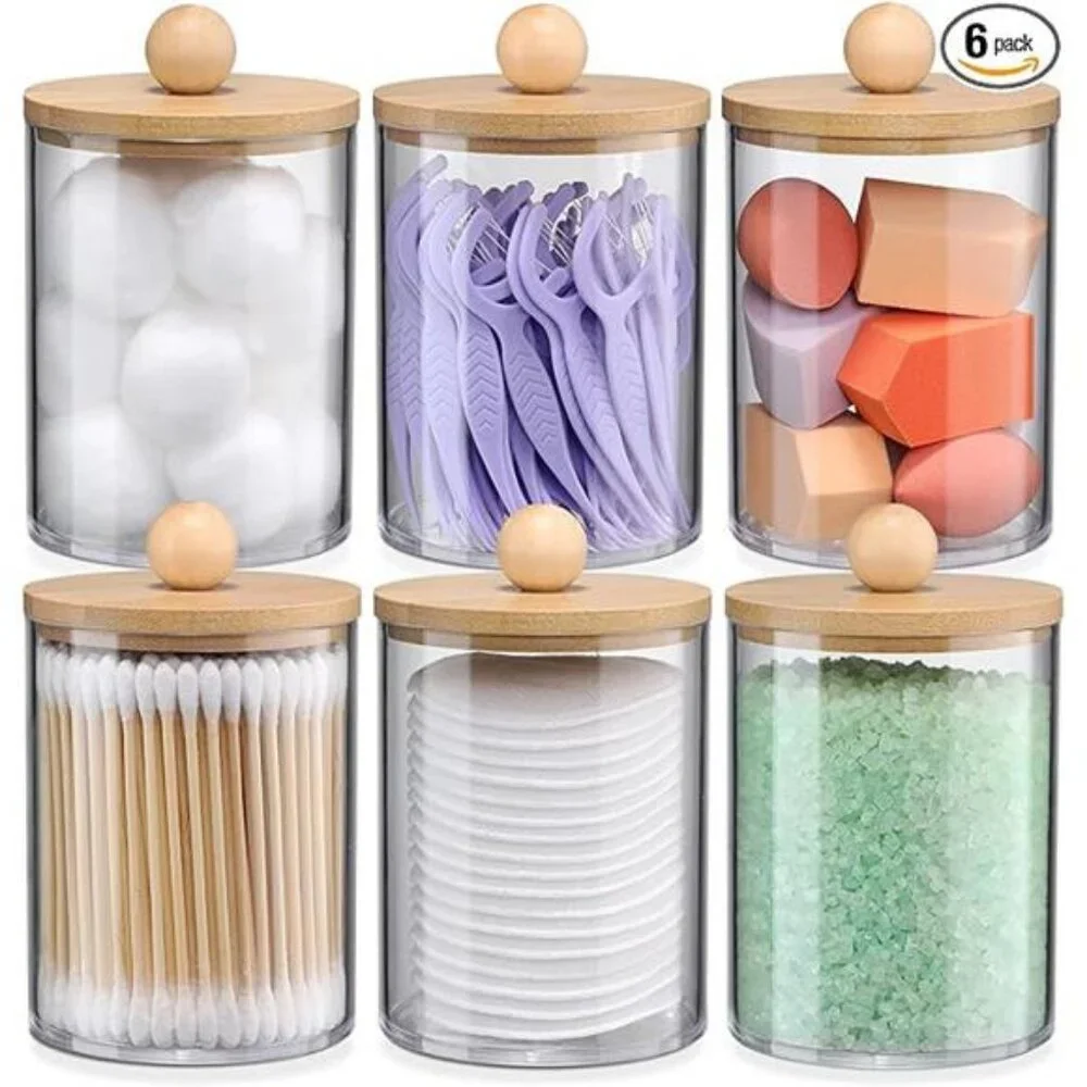 6-Pack Bamboo Qtip Holders - Bathroom Storage for Cotton Balls, Swabs, Pads
